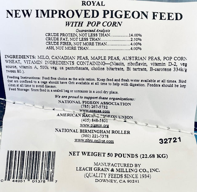 White Tag 14% with Popcorn (Leach Grain & Milling) Pigeon Feed - 50 LBS | Chicken Antibiotics