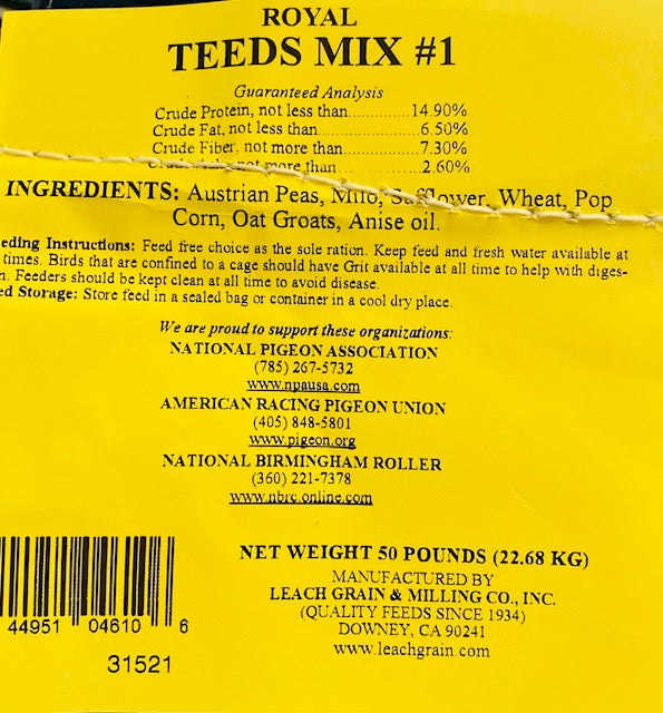 14.90% Teed's Mix (Leach Grain & Milling) Bird Feed with Austrian Peas for Pigeons | Chicken Antibiotics