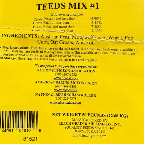 14.90% Teed's Mix (Leach Grain & Milling) Bird Feed with Austrian Peas for Pigeons | Chicken Antibiotics
